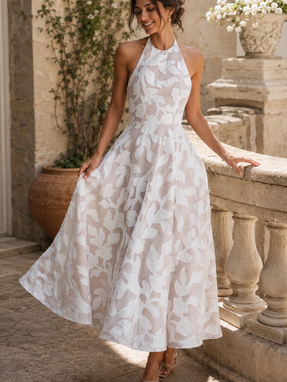 HELSI Alexandria Halter Fit & Flare White Maxi Dress Gown